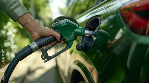 A person is filling up a green car with gas