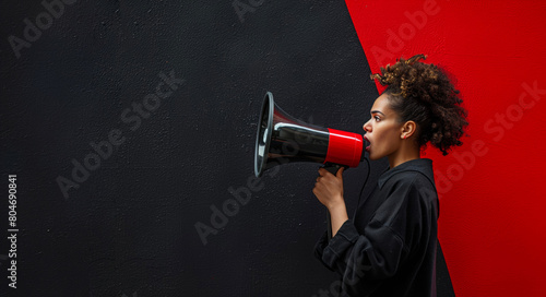 Voice of Change: A determined young woman uses a megaphone against a striking red and black background to amplify her message