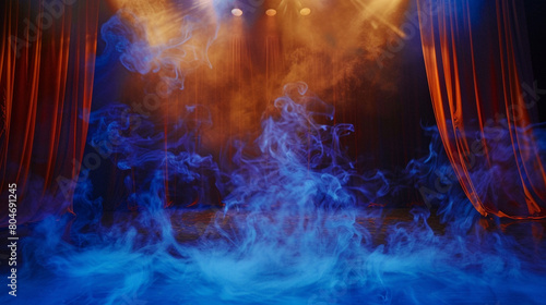 A stage with swirling royal blue smoke under a warm orange spotlight, setting a regal, vibrant mood.