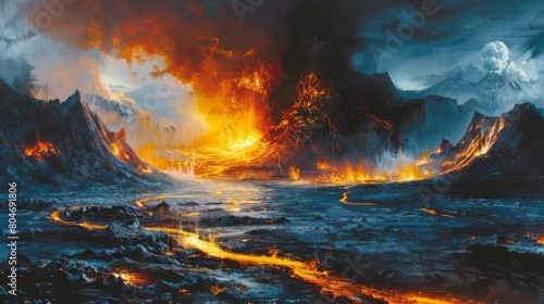The image is a fantasy landscape. A volcano erupts in the background, spewing lava and ash into the sky. The foreground is a dark and stormy sea.