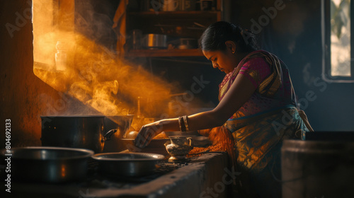 indian housewife working in the kitchen