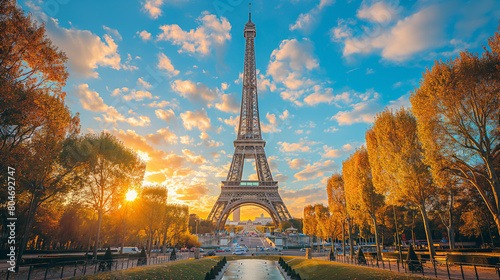 The Eiffel Tower is lit up in the evening sun, creating a warm