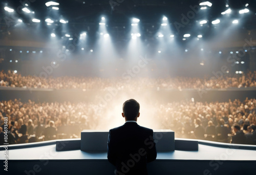 'scared conference businessman suit podium standing white isolated tribune poduim computer business adult caucasian wooden man european connection technology emotion corporate communication'