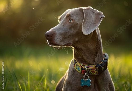 a stylish weimaraner wearing colorful dog collars with a name tag