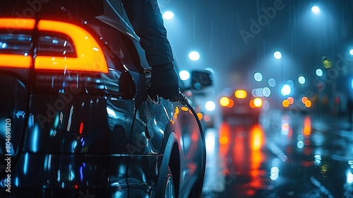 A car is parked on a wet street with a person sitting in the back