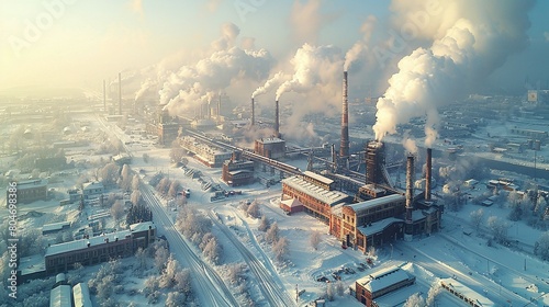 Industrial power plant with thick CO2 smoke from chimney. Pollution and carbon dioxide emissions footprint from fossil fuel burning. Global warming cause and urban environment problem from factories