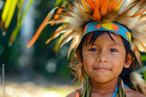 Nature-oriented Amazonia tribe children. America child. Generate Ai