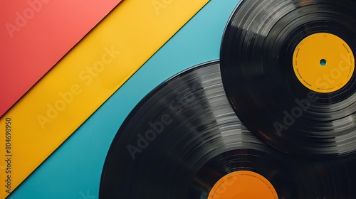 Retro vinyl records on bright background. Nostalgic music concept.