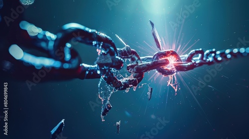 A digital chain breaking. Cybersecurity concept. Zeroes and ones. Cracking a secure system. Hacking technology. Security breach. Pen testing. Weakest link. Data breach.