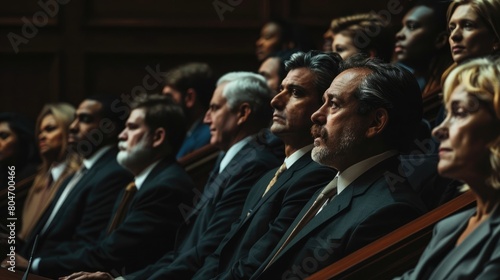 A group of diverse jurors seated in the jury box, leaning forward to catch every detail of the testimony being presented, their focus illuminated by the natural light streaming through the courtroom