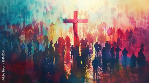 Many people around the cross, christian concept, modern painting