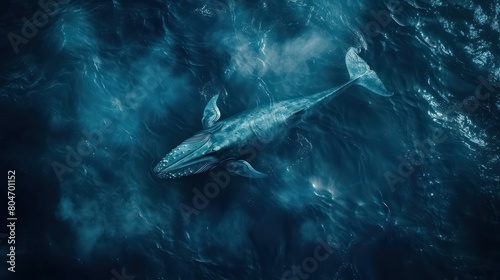 This aerial shot displays a blue whale from above, showcasing its massive size contrasted against the textured patterns of the ocean waters