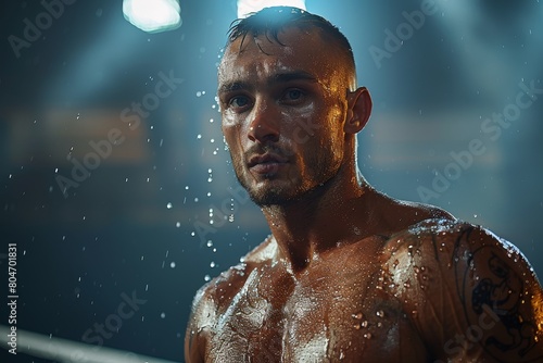 A tattooed, focused male boxer with beads of sweat on his face, exuding intensity in the gym