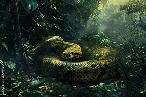 Exotic Anaconda snake forest tropical. Nature park. Generate Ai