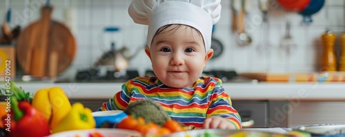 Baby dressed as a little chef, colorful kitchen play set, pretend cooking session