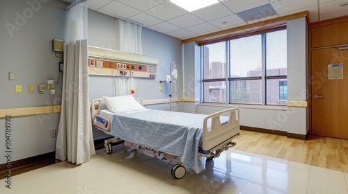 An intact view of an unoccupied hospital room with a single bed, medical equipment, and a view, evoking a sense of readiness and care