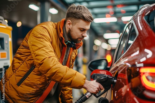 Young Man Refueling Car at Service Station in Winter.