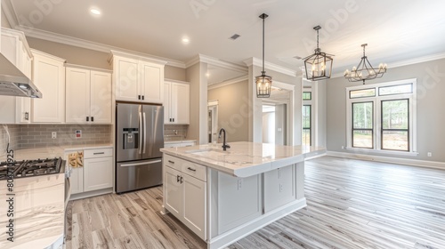 A roomy kitchen design with white cabinetry, a large island, and unique pendant lights