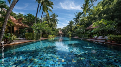 Bright and inviting pool surrounded by lush tropical vegetation and traditional architecture under a clear blue sky