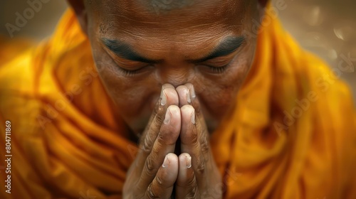 Buddhist monk close up with folded palms praying. A young Buddhist monk