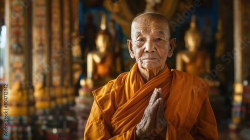 Traditional Buddhist Monk Older Man. Standing in Temple Monastery.. Serious Look Centered Portrait. Concept of Religion, Robes, and Praying