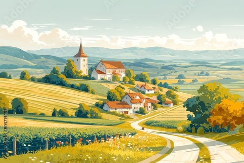 A beautiful cartoon illustration of mountains in the front, behind them is an old farmhouse and other farmhouses 
