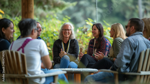 Colleagues participating in a team-building retreat focused on communication and team dynamics. Stimulus and inspiration, respect and support, friendship and tolerance