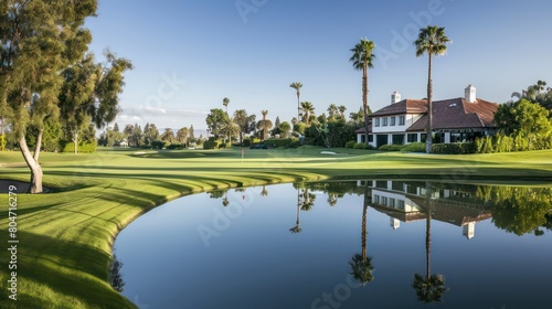 Panoramic image highlighting a green golf course with a reflective water hazard adjacent to a luxury estate