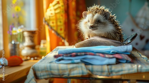  A hedgehog resting atop a bed with folded clothing and a cell phone nearby on a table