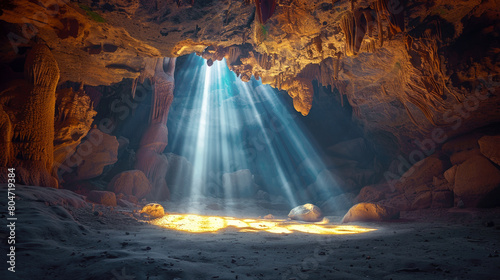 Dark karst cave with bright light from exit in jungle, inside wild red mountain cavern. Concept of nature, sunlight, landscape, entrance, opening