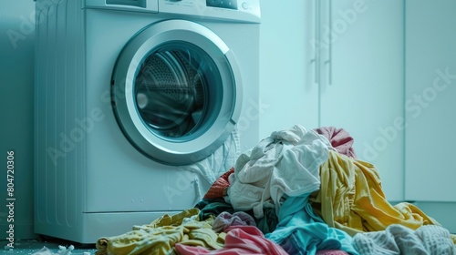 realistic photo: image of dirty laundry piled up next to a washing machine, symbolizing the concept of laundry and cleanliness