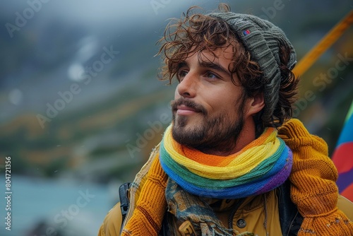 A pensive young man wrapped in a multicolored scarf on a mountain