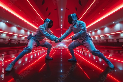 The image captures an intense fencing match set against a striking red illuminated backdrop, highlighting the energy of the sport