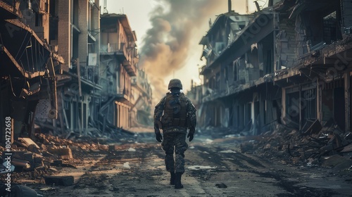 Resilience Amidst Chaos Faceless Soldier Walks in Destroyed City, Symbolizing Determination and Human Spirit 