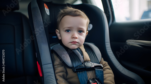 the child's car seat with seat belt fastened and smiling, car interior in the background