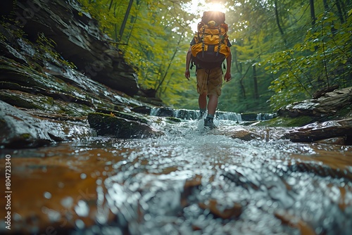 Rear perspective of an adventurous backpacker wading through a water stream in a lush, sunlit forest landscape