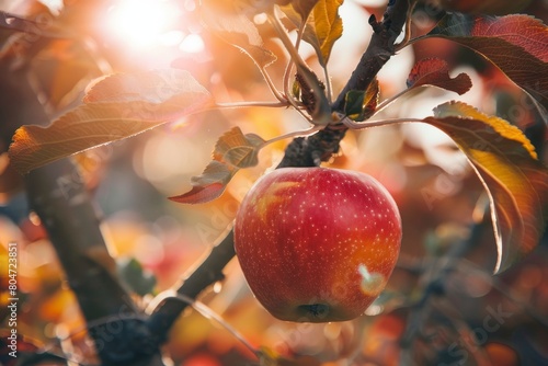 Low angle view of a red apple fruit on the tree with branch and leaves at an orchard in autumn, South Korea