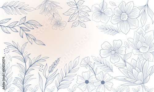 Classic Vintage outline floral seamless pattern. Spring flowers. Metallic grey stroke with light beige background. Template design. Space for custom text in centre. Space for wishes. Editable EPS 10.