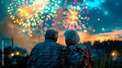 Older couple enjoying Independence Day fireworks display