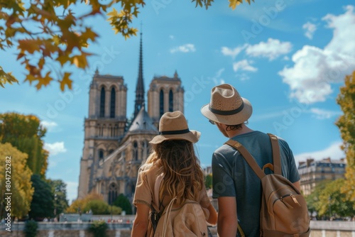 A couple of tourists in casual attire admire the splendid Notre-Dame Cathedral from a Parisian bridge on a sunny day