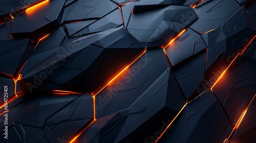 An abstract background of black geometric shapes with glowing orange cracks, creating a dynamic and futuristic texture