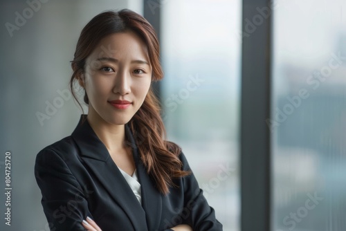 A confident professional woman posing in a modern office setting, exuding competence and approachability