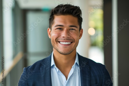 A young smiling man in professional attire radiating friendliness and positive vibes in a business setting
