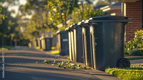 A row of trash cans are lined up on the side of a road