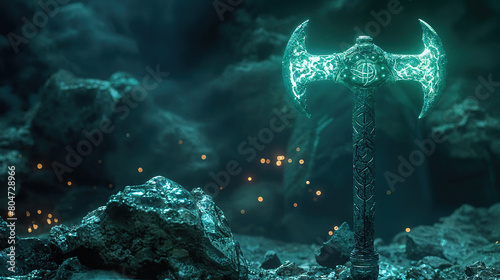 Fantasy 3D pickaxe with glowing runes, dark cavern bg, minimal clutter, mystical ambient light