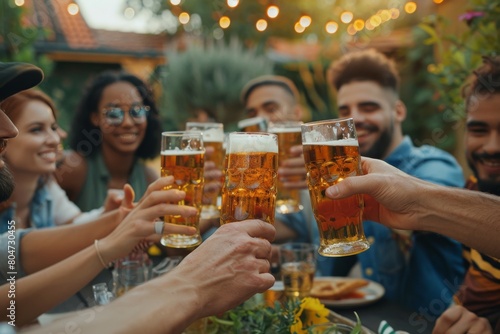 A lively gathering of friends toasting with beer mugs, emphasizing camaraderie and celebration outdoors