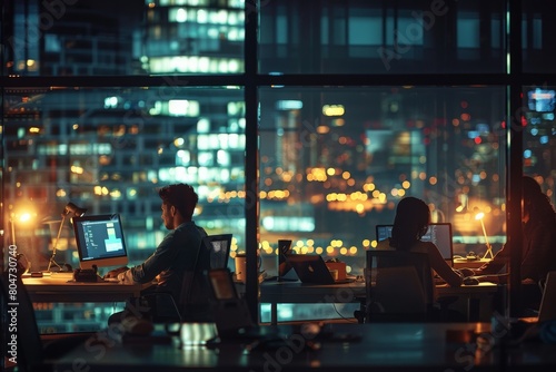 Office workers diligently continuing their tasks after hours, with a vibrant city backdrop illuminating their commitment and the never-sleeping pace of business