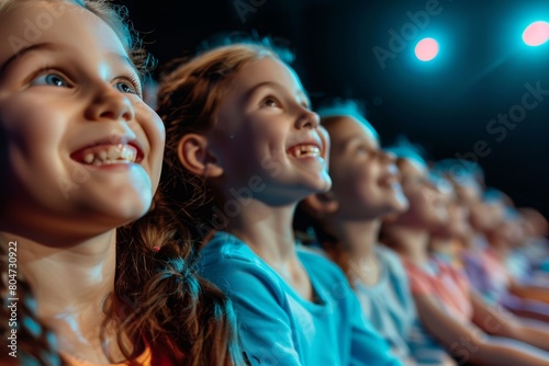 A group of children looking up with joy and amazement at a theater or movie show, illuminated by stage lights