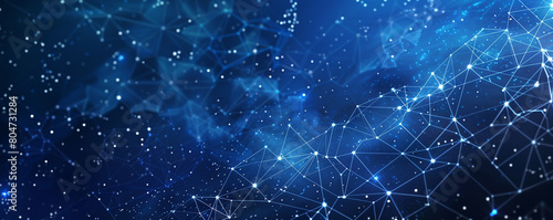 Starry night blue background with molecular technology network polygons connected in a pattern resembling a constellation, symbolizing connectivity and innovation.