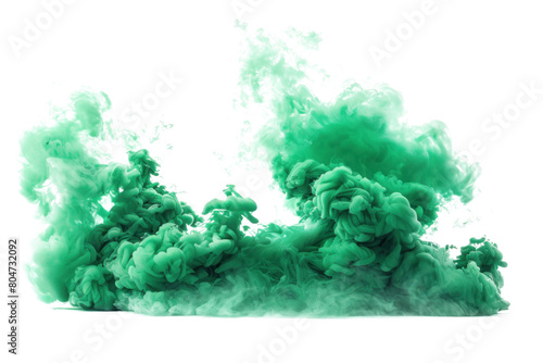 Vibrant green smoke bomb clouds exploding on transparent background.
